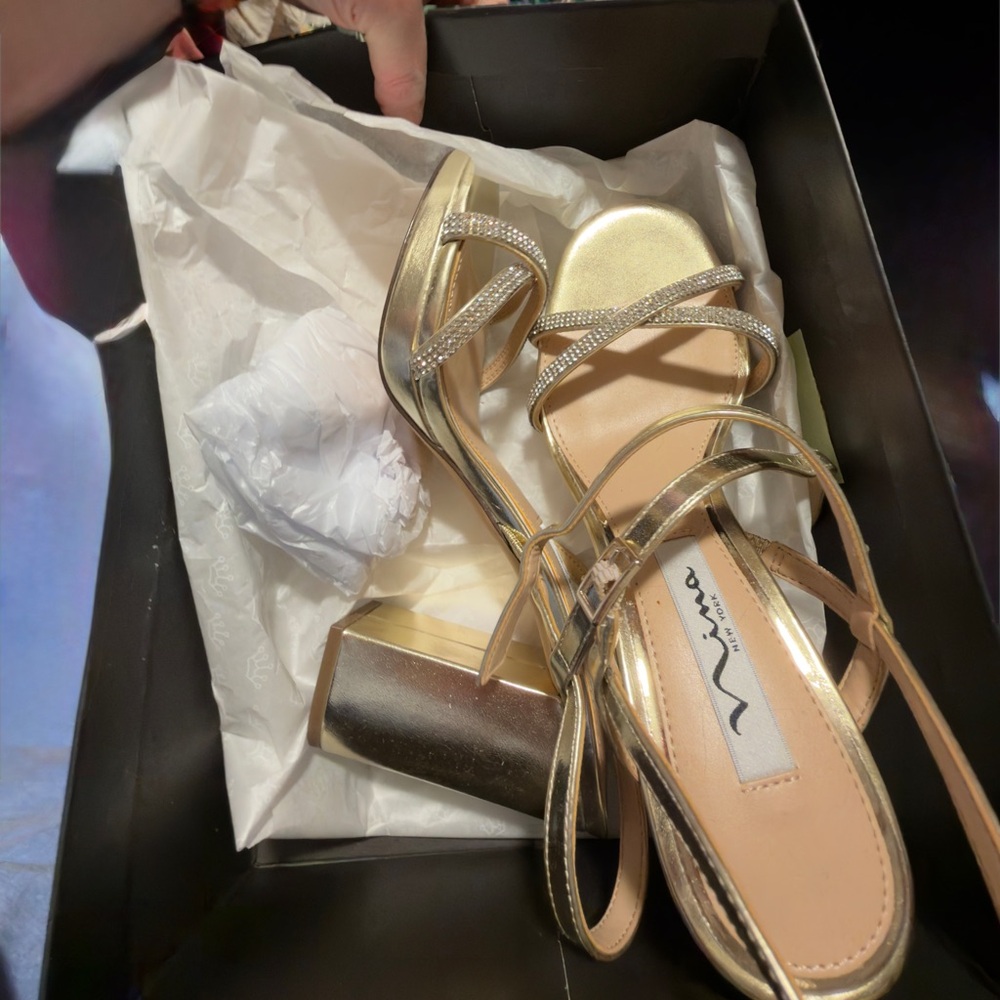 Nina Gold Rhinestone Strappy Block Heel Sandals